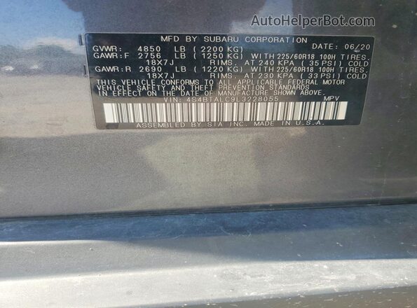4S4BTALC9L3228055 2020 SUBARU OUTBACK Серый Вид подкапотного пространства