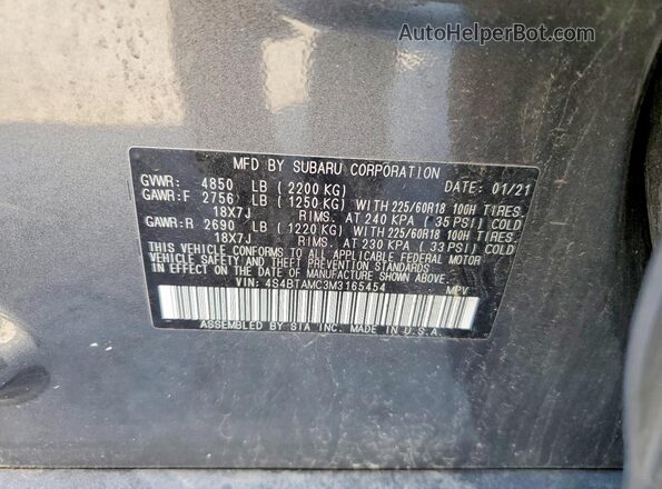 4S4BTAMC3M3165454 2021 SUBARU OUTBACK Gray Widok naklejki z numerem VIN