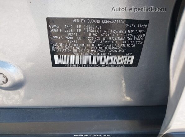 4S4BTAMC4M3138151 2021 SUBARU OUTBACK Синий Вид подкапотного пространства