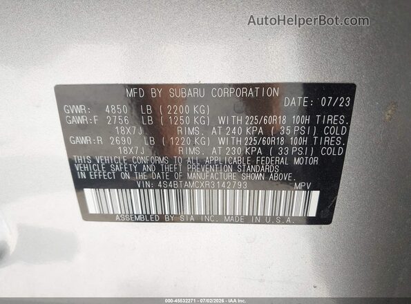 4S4BTAMCXR3142793 2024 SUBARU OUTBACK Серебряный Вид подкапотного пространства