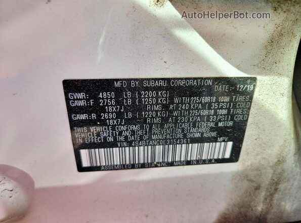 4S4BTANC0L3154361 2020 SUBARU OUTBACK White ძრავის განყოფილების ხედი