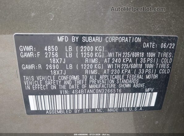 4S4BTANC0N3266516 2022 SUBARU OUTBACK Green Engine compartment view