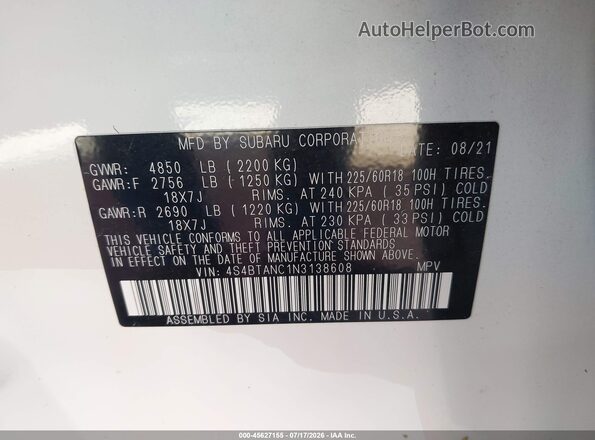 4S4BTANC1N3138608 2022 SUBARU OUTBACK White Widok komory silnika