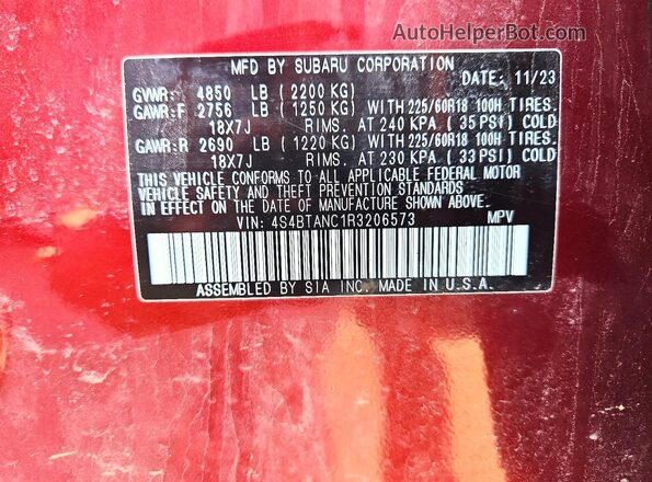 4S4BTANC1R3206573 2024 SUBARU OUTBACK Красный Панорамный вид салона 360°