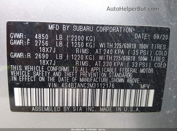 4S4BTANC2M3112176 2021 SUBARU OUTBACK Silver Vista del compartimento del motor