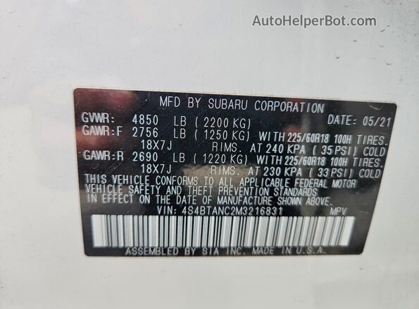 4S4BTANC2M3216831 2021 SUBARU OUTBACK White Widok naklejki z numerem VIN