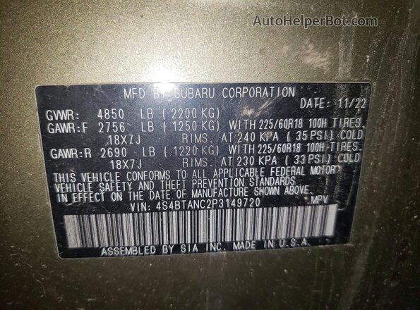 4S4BTANC2P3149720 2023 SUBARU OUTBACK Green VIN կոդի պիտակի տեսք
