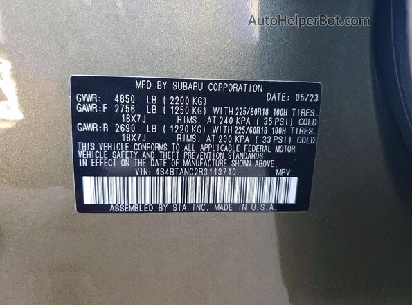 4S4BTANC2R3113710 2024 SUBARU OUTBACK Green VIN კოდის სტიკერის ხედი