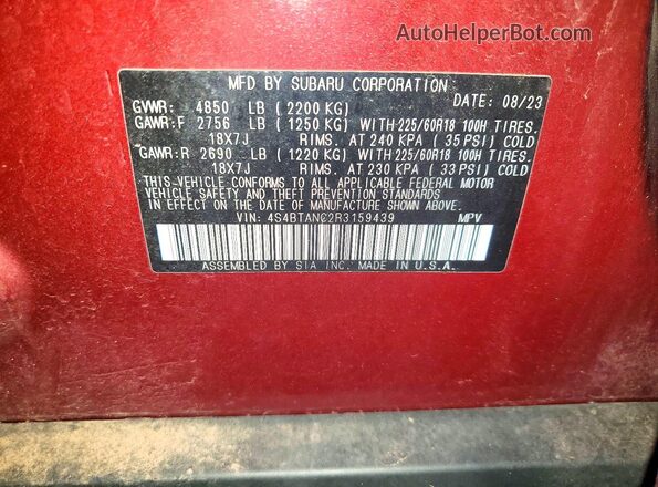 4S4BTANC2R3159439 2024 SUBARU OUTBACK Красный Вид наклейки с VIN-кодом
