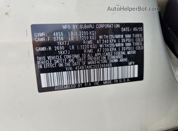 4S4BTANC2S3260468 2025 SUBARU OUTBACK White 360 interior view