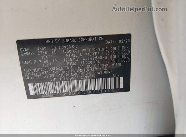4S4BTANC3L3192957 2020 SUBARU OUTBACK White Vista del compartimento del motor