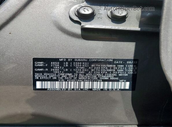 4S4BTANC3N3277798 2022 SUBARU OUTBACK Tan VIN sticker view