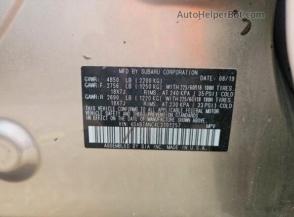 4S4BTANC4L3101257 2020 SUBARU OUTBACK Tan Widok wnętrza 360 stopni