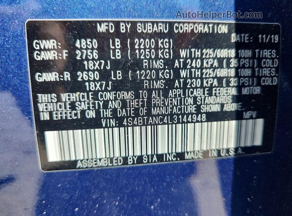 4S4BTANC4L3144948 2020 SUBARU OUTBACK Синий Вид наклейки с VIN-кодом