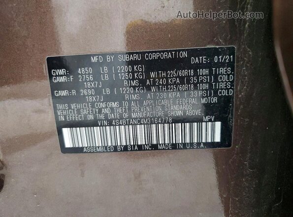 4S4BTANC4M3164778 2021 SUBARU OUTBACK Brown VIN sticker view