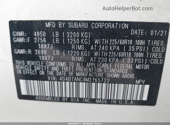 4S4BTANC4M3165722 2021 SUBARU OUTBACK White ძრავის განყოფილების ხედი