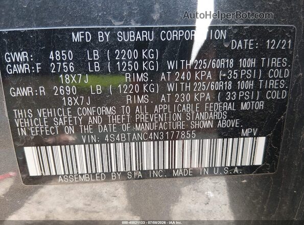 4S4BTANC4N3177855 2022 SUBARU OUTBACK Серый Вид подкапотного пространства