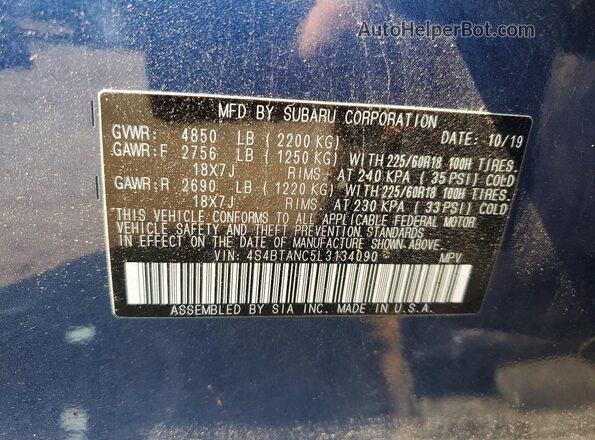 4S4BTANC5L3134090 2020 SUBARU OUTBACK Синий Вид подкапотного пространства