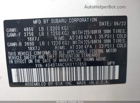 4S4BTANC5R3117850 2024 SUBARU OUTBACK White Շարժիչի բաժամունքի տեսք