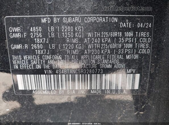 4S4BTANC5R3280773 2024 SUBARU OUTBACK Black Widok komory silnika