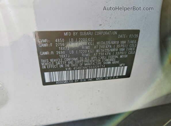 4S4BTANC5S3228114 2025 SUBARU OUTBACK White Vista de la etiqueta del VIN