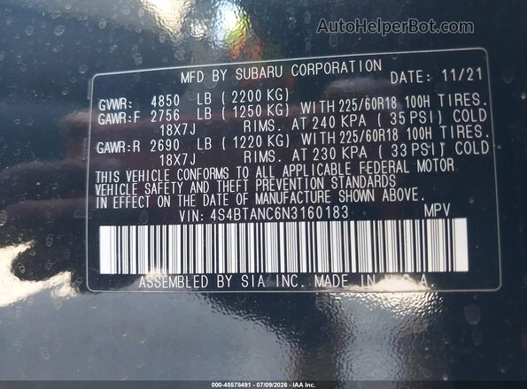 4S4BTANC6N3160183 2022 SUBARU OUTBACK Black Вид підкапотного простору