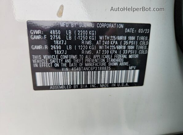 4S4BTANC6P3188875 2023 SUBARU OUTBACK White VIN კოდის სტიკერის ხედი