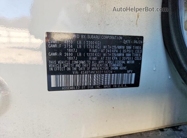 4S4BTANC6S3110234 2025 SUBARU OUTBACK White VIN კოდის სტიკერის ხედი