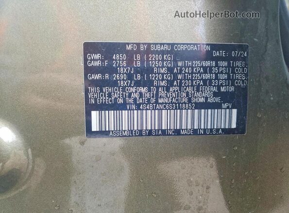 4S4BTANC6S3118852 2025 SUBARU OUTBACK Green VIN կոդի պիտակի տեսք