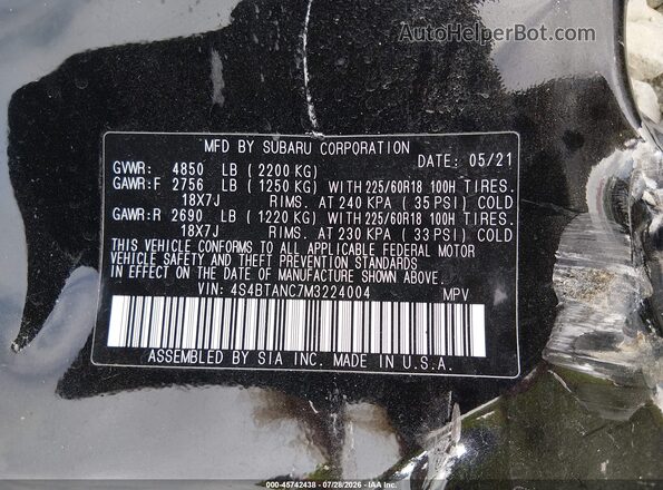4S4BTANC7M3224004 2021 SUBARU OUTBACK Black Вид підкапотного простору