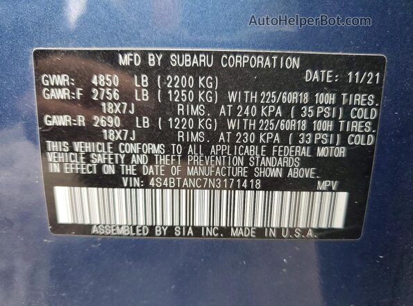 4S4BTANC7N3171418 2022 SUBARU OUTBACK Blue VIN sticker view