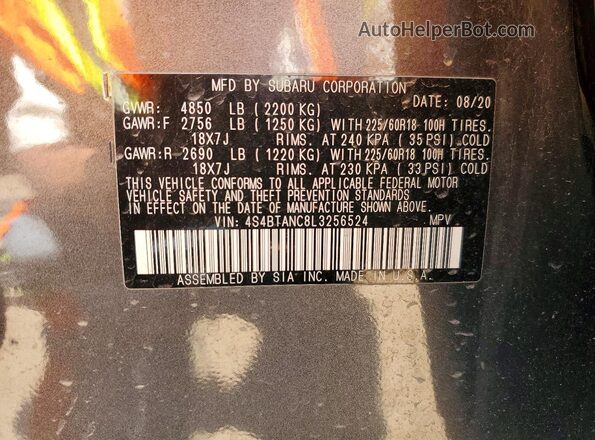 4S4BTANC8L3256524 2020 SUBARU OUTBACK Charcoal Vista de la etiqueta del VIN