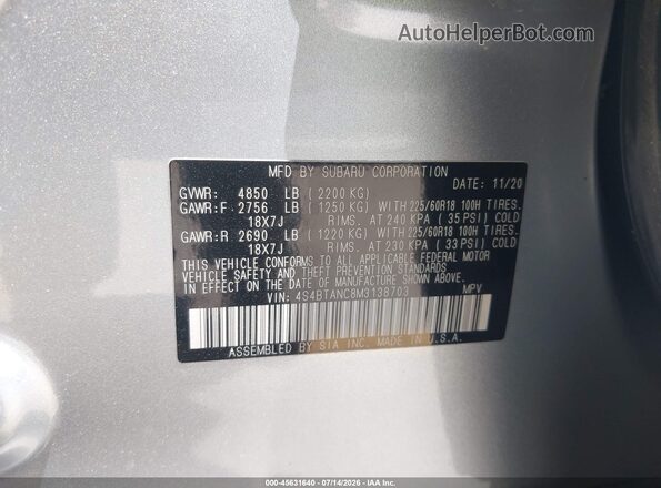 4S4BTANC8M3138703 2021 SUBARU OUTBACK Silver Вид підкапотного простору