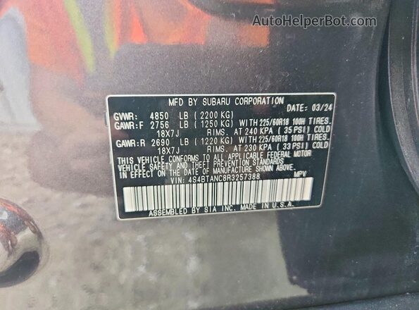 4S4BTANC8R3257388 2024 SUBARU OUTBACK Charcoal Вид наклейки з VIN-кодом