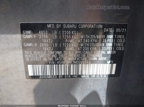 4S4BTANC9M3222562 2021 SUBARU OUTBACK Gray ძრავის განყოფილების ხედი