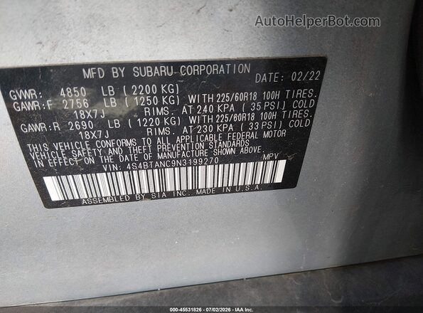 4S4BTANC9N3199270 2022 SUBARU OUTBACK White Widok komory silnika