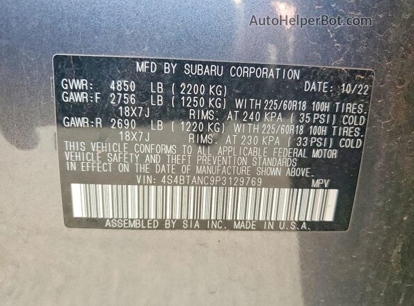 4S4BTANC9P3129769 2023 SUBARU OUTBACK Gray Vista de la etiqueta del VIN