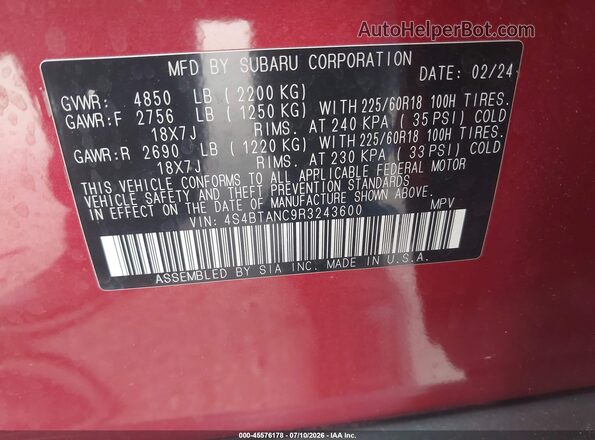 4S4BTANC9R3243600 2024 SUBARU OUTBACK Red Engine compartment view