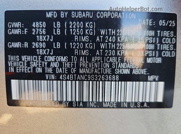 4S4BTANC9S3263688 2025 SUBARU OUTBACK Серебряный Вид наклейки с VIN-кодом