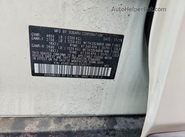 4S4BTANCXL3142217 2020 SUBARU OUTBACK Белый Вид наклейки с VIN-кодом