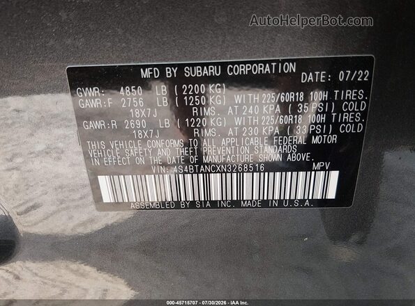 4S4BTANCXN3268516 2022 SUBARU OUTBACK Gray Շարժիչի բաժամունքի տեսք