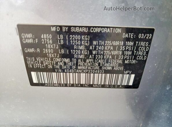 4S4BTANCXP3204933 2023 SUBARU OUTBACK Silver Панорамний вид салону 360°