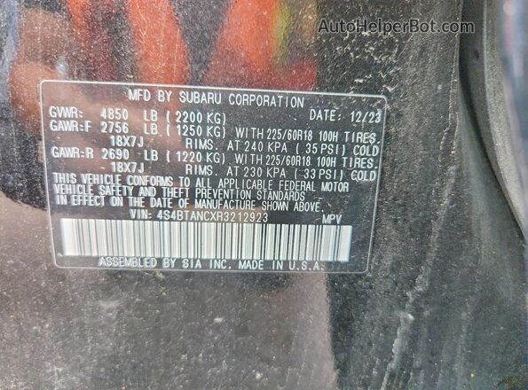 4S4BTANCXR3212923 2024 SUBARU OUTBACK Black VIN კოდის სტიკერის ხედი