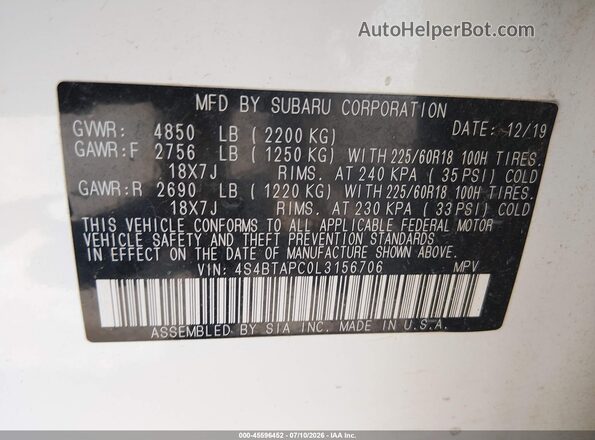 4S4BTAPC0L3156706 2020 SUBARU OUTBACK White Widok komory silnika