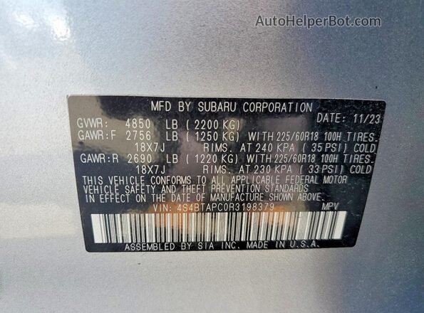 4S4BTAPC0R3198379 2024 SUBARU OUTBACK Silver VIN კოდის სტიკერის ხედი
