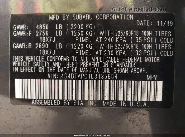 4S4BTAPC1L3135654 2020 SUBARU OUTBACK Gray ძრავის განყოფილების ხედი