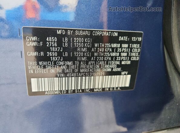 4S4BTAPC1L3152521 2020 SUBARU OUTBACK Blue Vista de la etiqueta del VIN