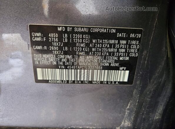 4S4BTAPC1L3227668 2020 SUBARU OUTBACK Black VIN sticker view