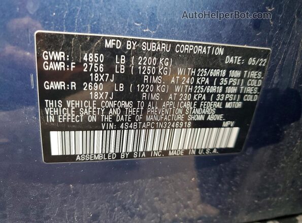 4S4BTAPC1N3246918 2022 SUBARU OUTBACK Blue ძრავის განყოფილების ხედი