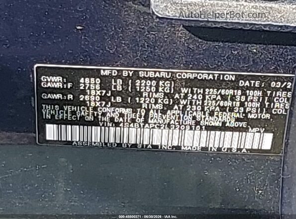 4S4BTAPC2L3209101 2020 SUBARU OUTBACK Blue Вид підкапотного простору